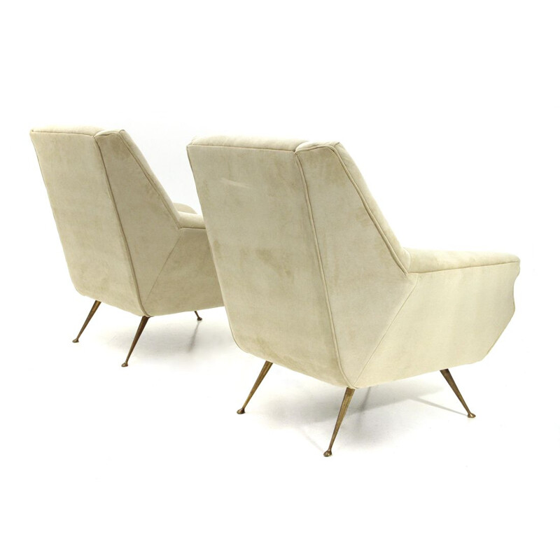 Pair of vintage white cream velvet armchairs 1950s