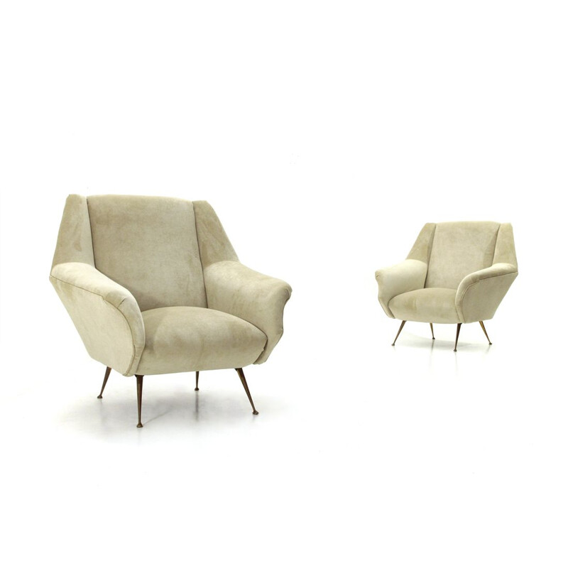 Paire de fauteuils vintage en velours crème blanc 1950