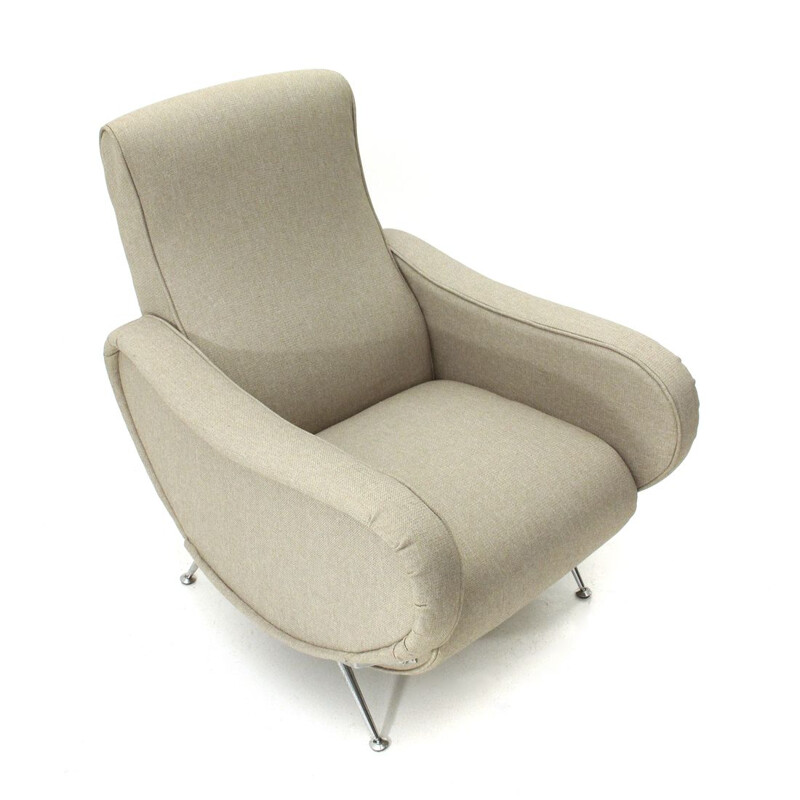 Vintage italian recliner armchair in beige fabric and wood 1970s