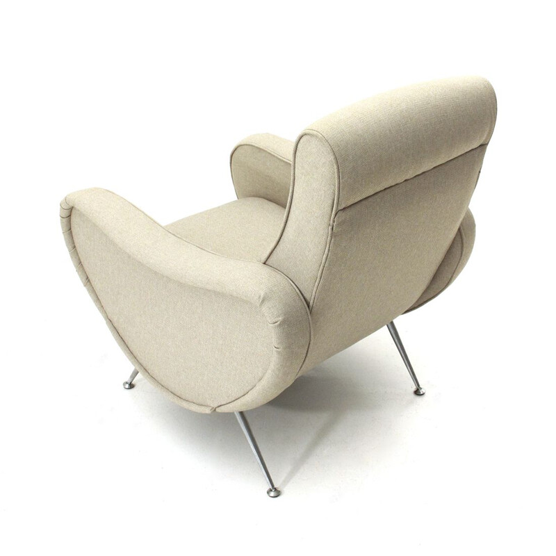 Vintage italian recliner armchair in beige fabric and wood 1970s