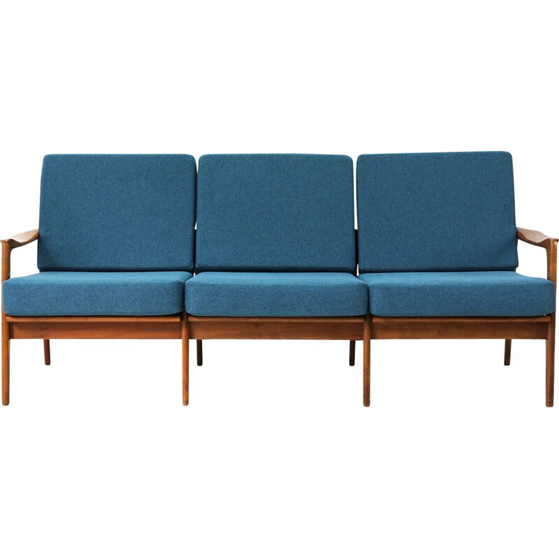 Vintage reupholstered 60s Cherrywood Sofa in teal