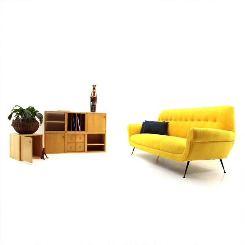 Vintage yellow velvet italian 3-seater sofa