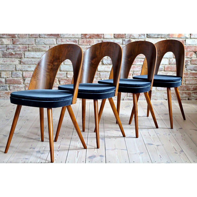 Set of 4 vintage dining chairs by A. Šuman in Steel-Blue velvet by Kvadrat