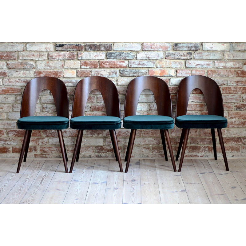 Set of 4 vintage Dining Chairs by Antonin Šuman in Emerald Green Velvet by Kvadrat