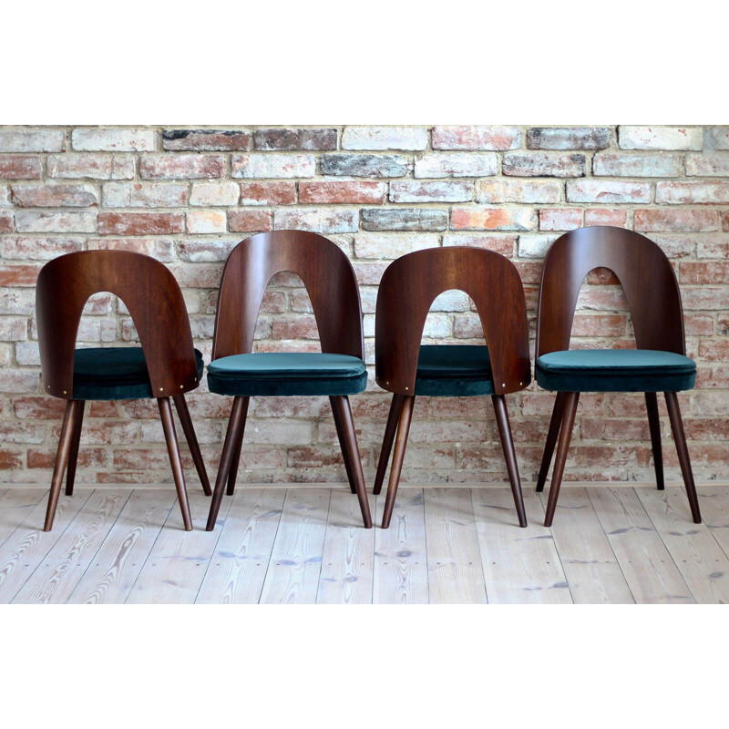 Set of 4 vintage Dining Chairs by Antonin Šuman in Emerald Green Velvet by Kvadrat