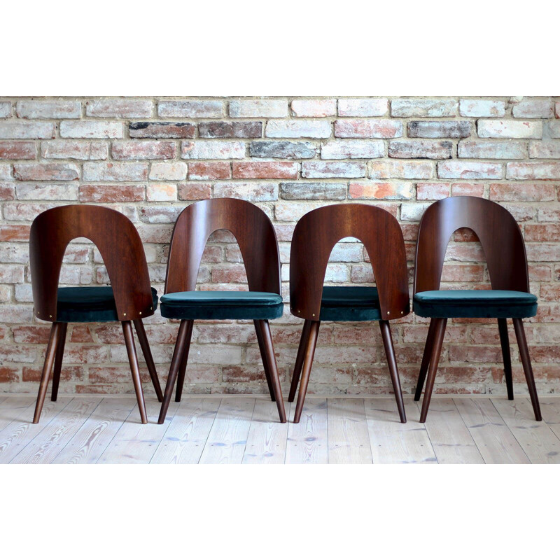 Set of 4 vintage Dining Chairs by Antonin Šuman in Emerald Green Velvet by Kvadrat