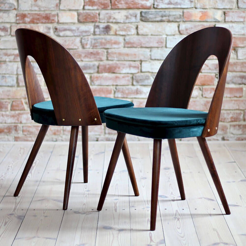 Set of 4 vintage Dining Chairs by Antonin Šuman in Emerald Green Velvet by Kvadrat