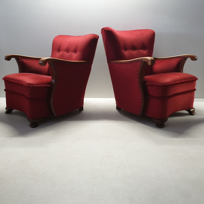 Ensemble de 2 fauteuils vintage en chêne avec haut dossier velours rouge Art Déco 1930s