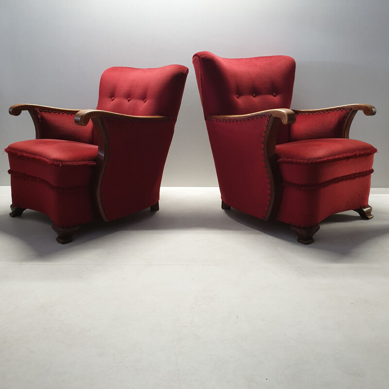 Set of 2 vintage armchairs in oak with wing back Art Deco red velvet 1930s