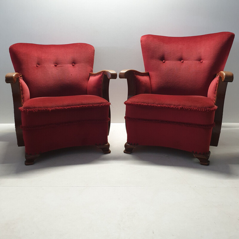 Set of 2 vintage armchairs in oak with wing back Art Deco red velvet 1930s