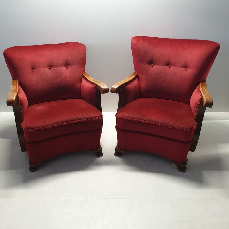 Set of 2 vintage armchairs in oak with wing back Art Deco red velvet 1930s