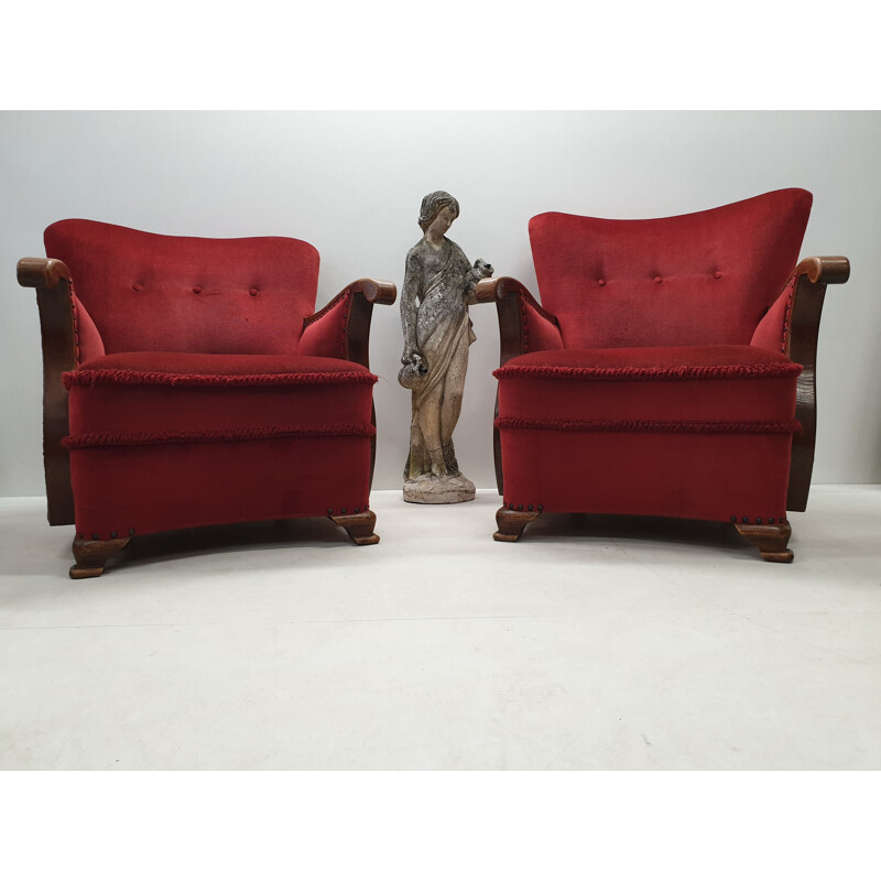 Ensemble de 2 fauteuils vintage en chêne avec haut dossier velours rouge Art Déco 1930s