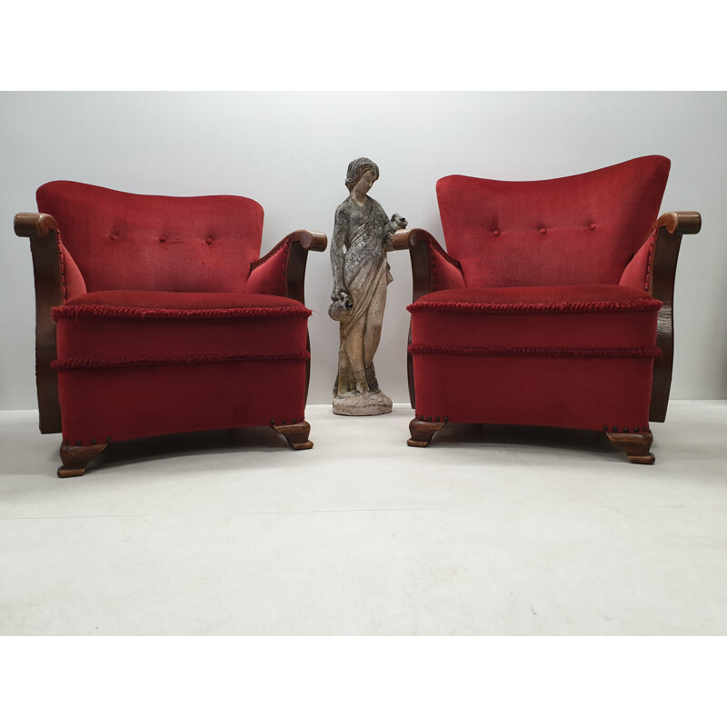 Set of 2 vintage armchairs in oak with wing back Art Deco red velvet 1930s