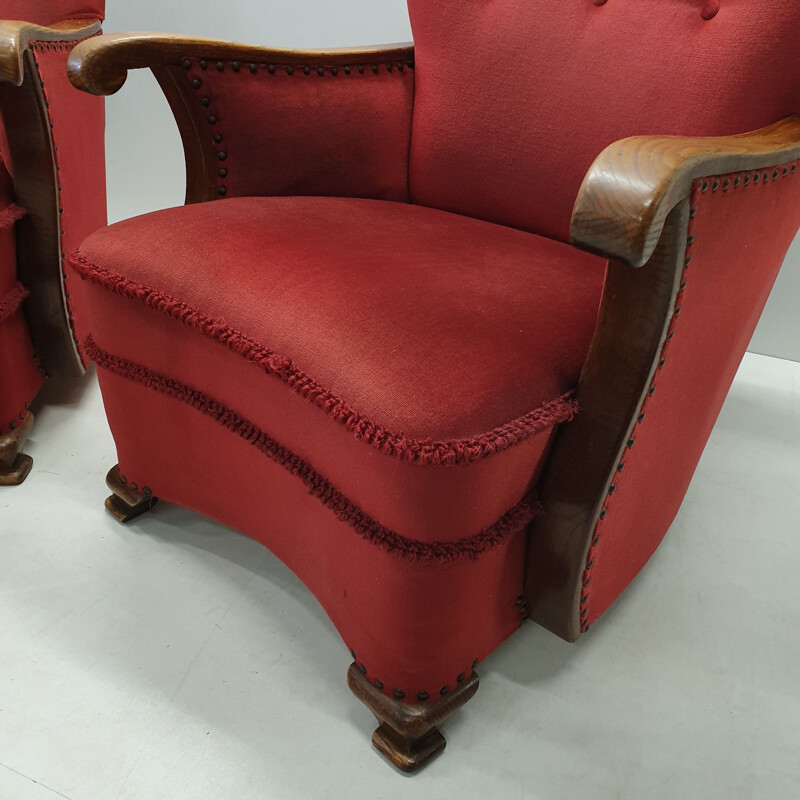 Set of 2 vintage armchairs in oak with wing back Art Deco red velvet 1930s