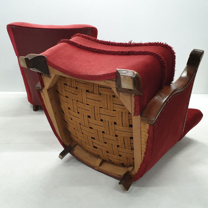 Set of 2 vintage armchairs in oak with wing back Art Deco red velvet 1930s