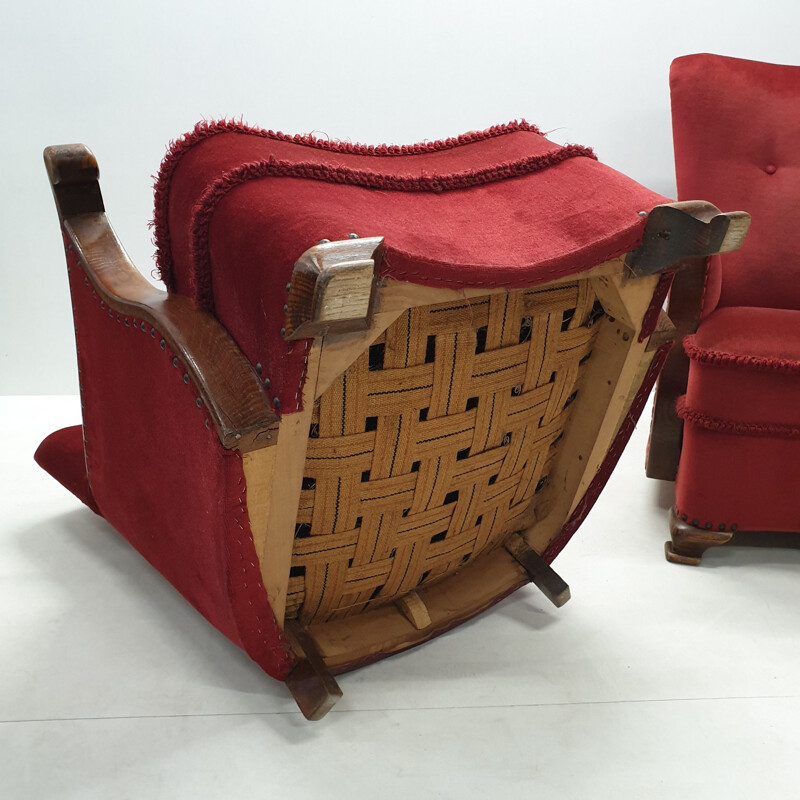 Set of 2 vintage armchairs in oak with wing back Art Deco red velvet 1930s