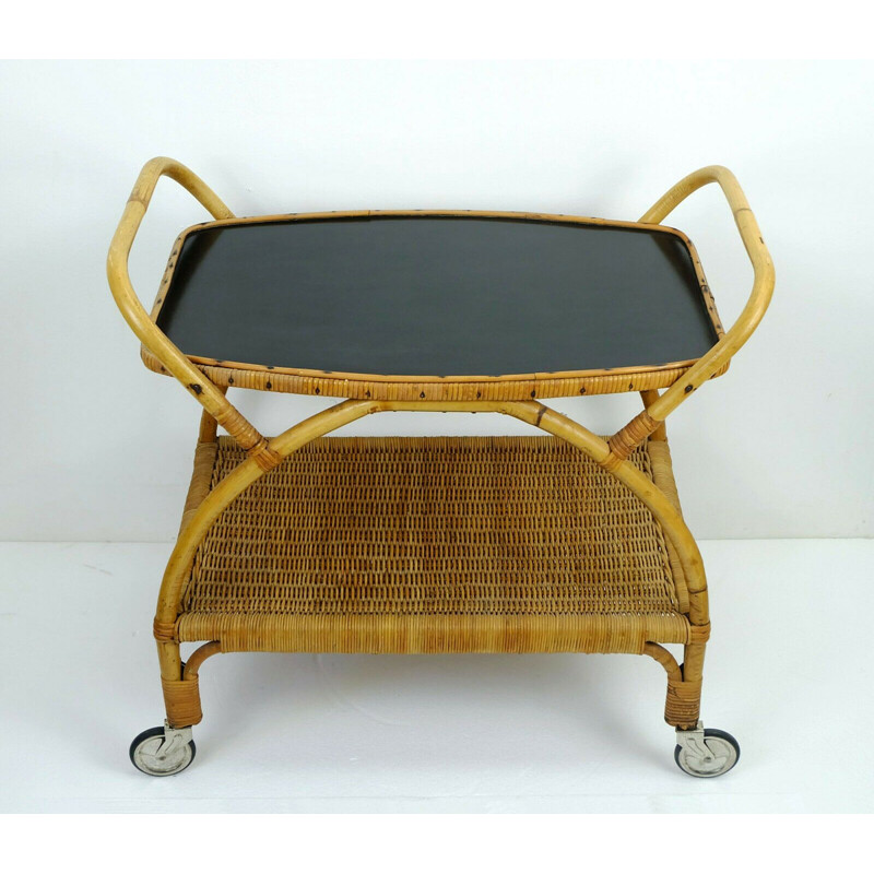 Vintage trolley serving cart bamboo wicker black formica 1950s