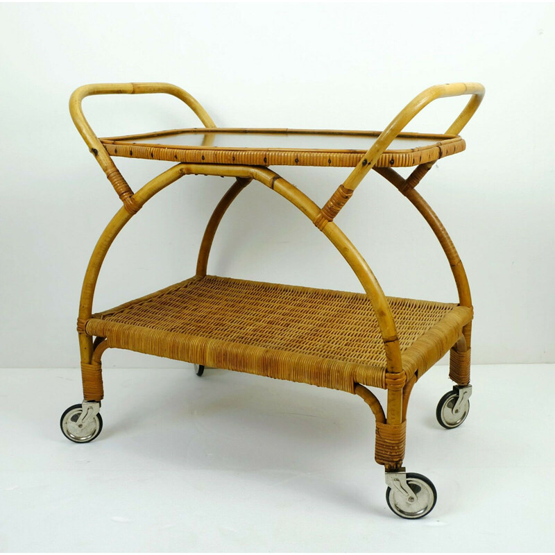 Vintage trolley serving cart bamboo wicker black formica 1950s