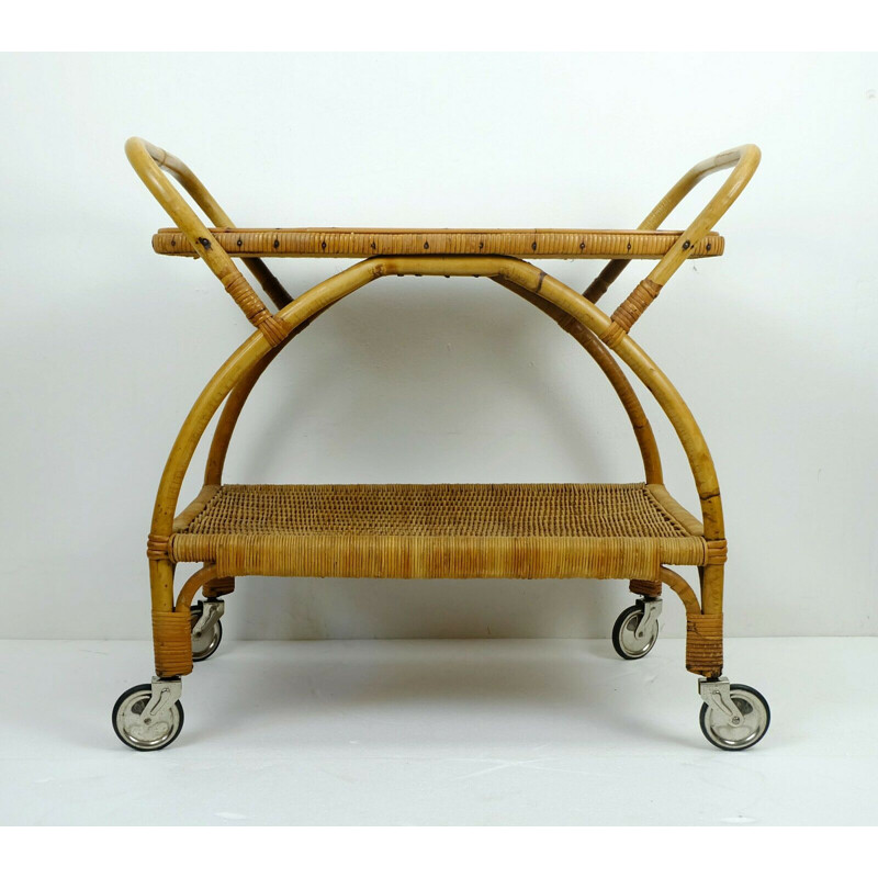 Chariot de service vintage en bambou, osier et formica noir des années 1950