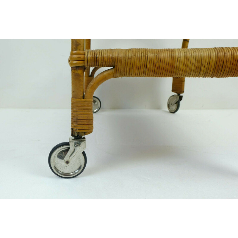 Vintage trolley serving cart bamboo wicker black formica 1950s