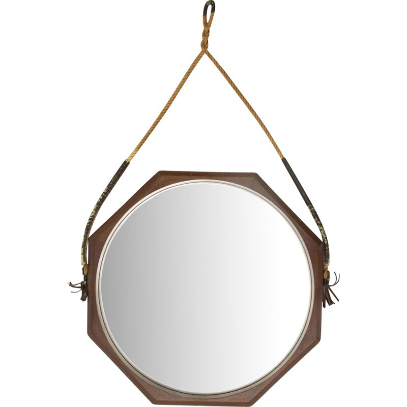 Espejo octogonal con marco de madera 1960