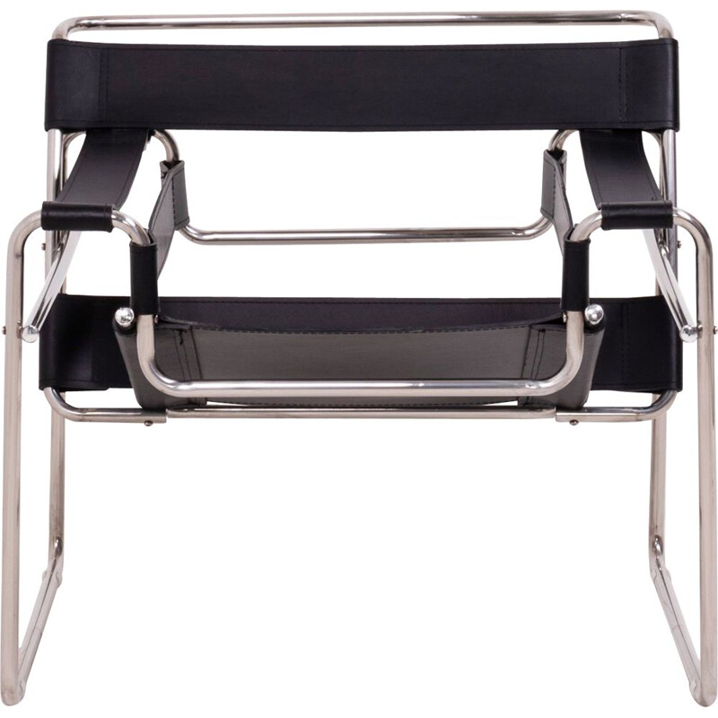 Vintage chromed tubular chair in black leather