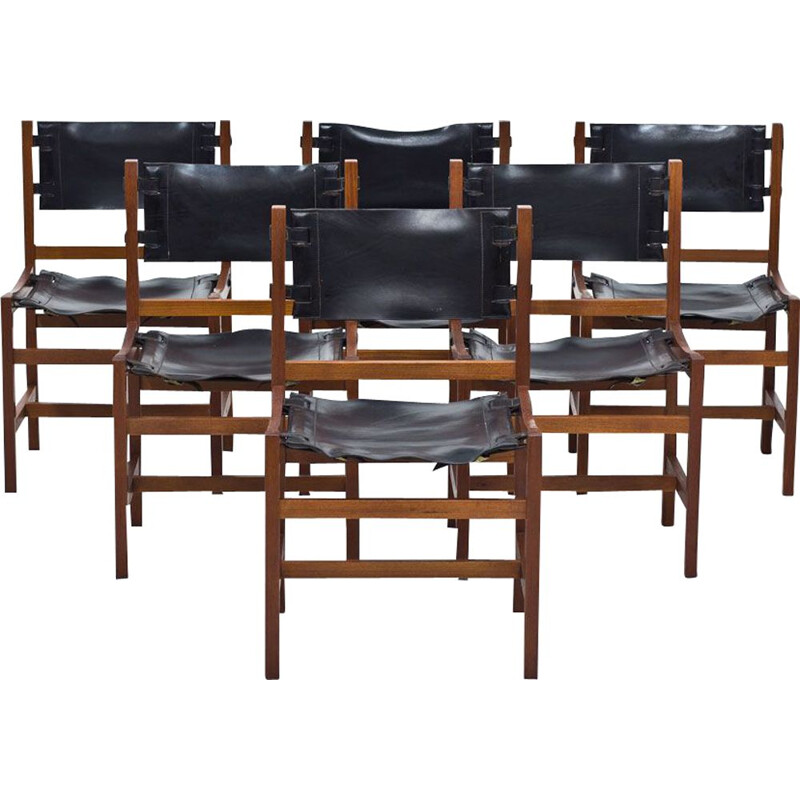 Set of 6 dining chairs in teak and black leather