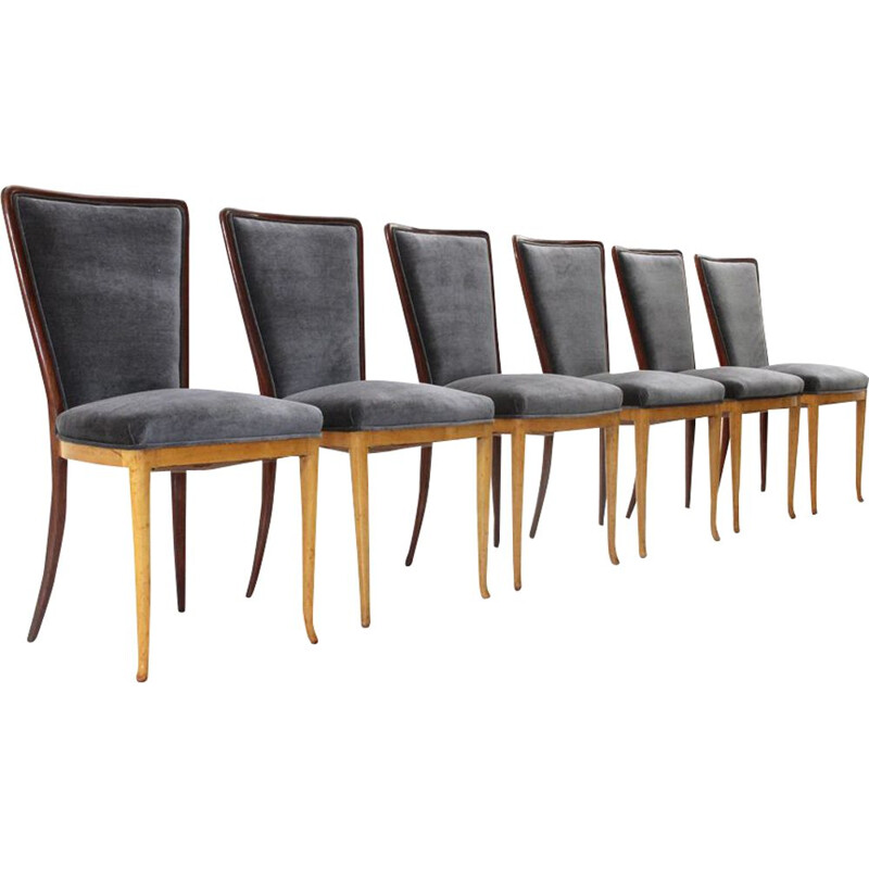 Set of 6 vintage dining chairs in wood and black velvet 1940s