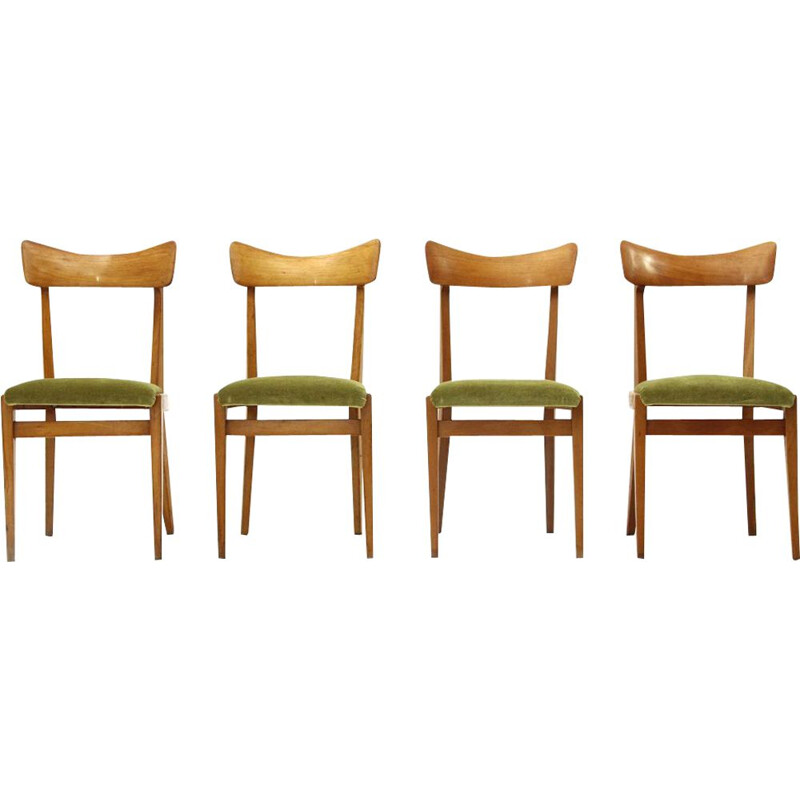 Set of 4 vintage italian chairs in green velvet and wood 1950s