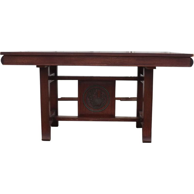 Vintage Japanese Art Deco table in oak and bronze 1940