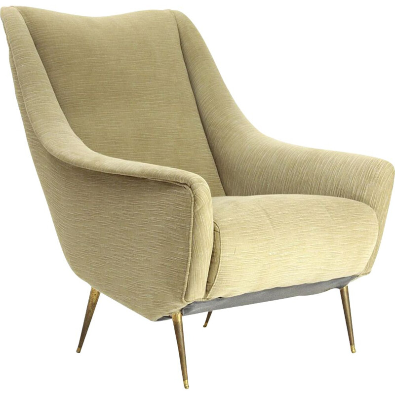 Vintage italian armchair in kaki fabric and brass 1950s