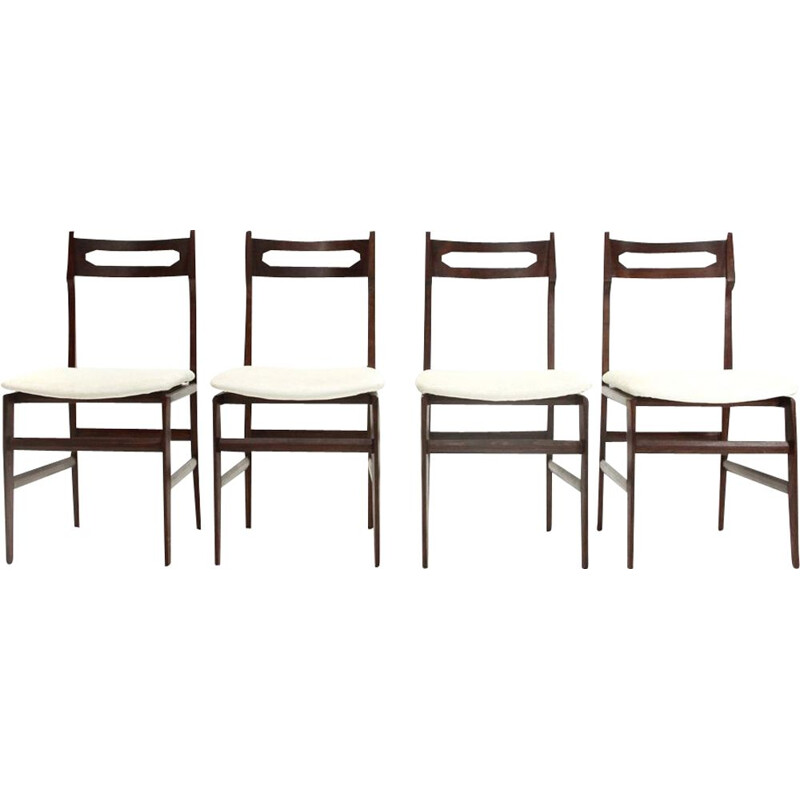 Set of 4 vintage italian chairs in white velvet and wood 1950s