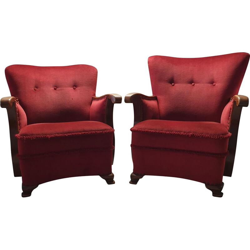 Set of 2 vintage armchairs in oak with wing back Art Deco red velvet 1930s