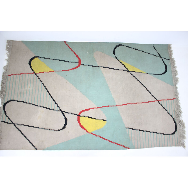 Vintage geometrisch wollen tapijt 1950