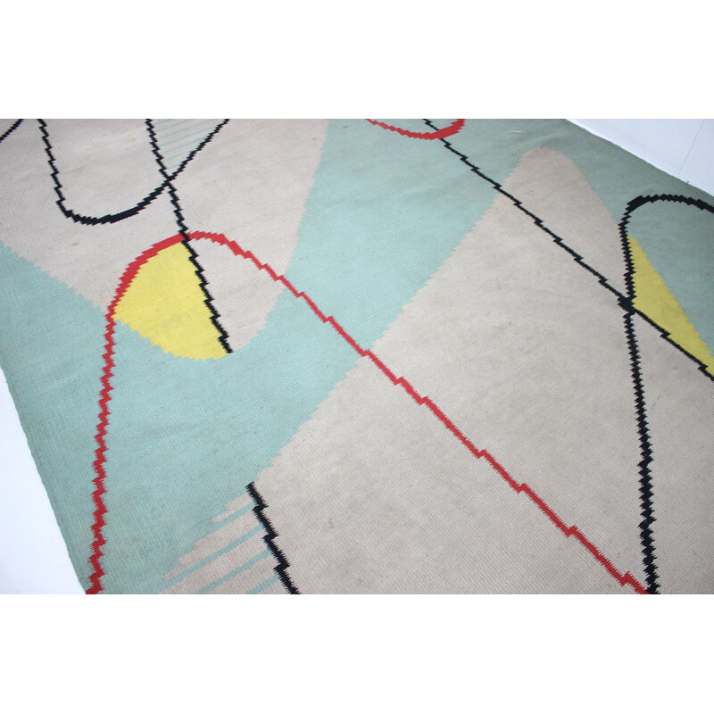 Vintage geometrisch wollen tapijt 1950