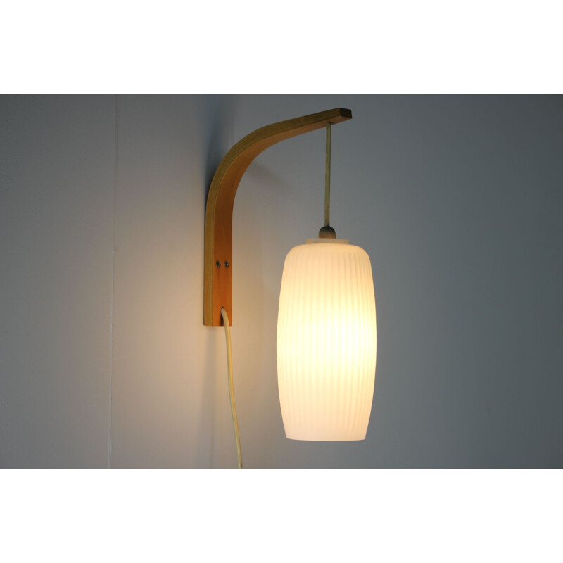 Vintage danish wall lamp in glass and wood 1960s