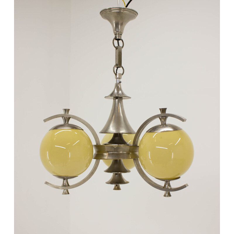 Vintage german chandelier in steel and glass 1930s