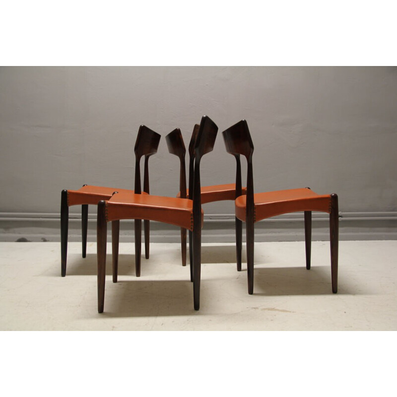 Set of 4 rosewood and leather Christian Linneberg Mobelfabrik dining chairs - 1950s