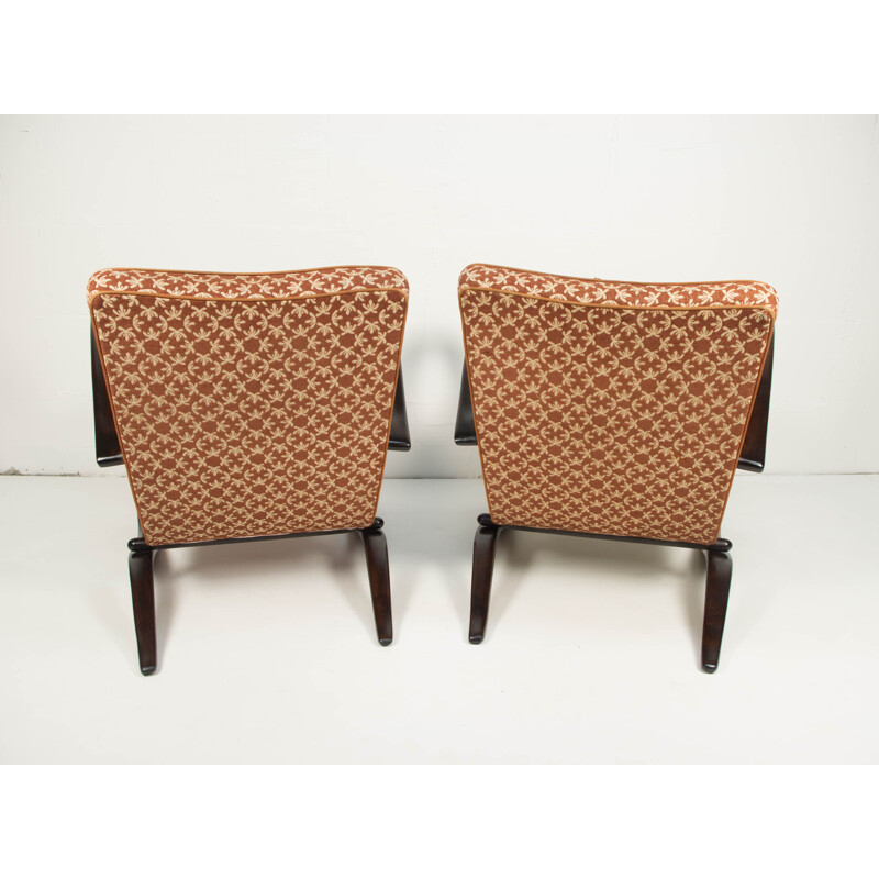 Pair of vintage H 269 armchairs by Jindrich Halabala in beech and red fabric 1940s