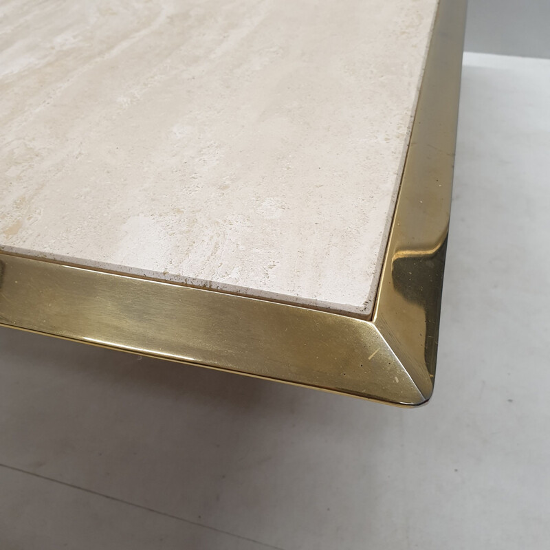 Vintage french coffee table in travertine and brass 1970s