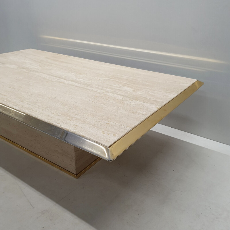 Vintage french coffee table in travertine and brass 1970s