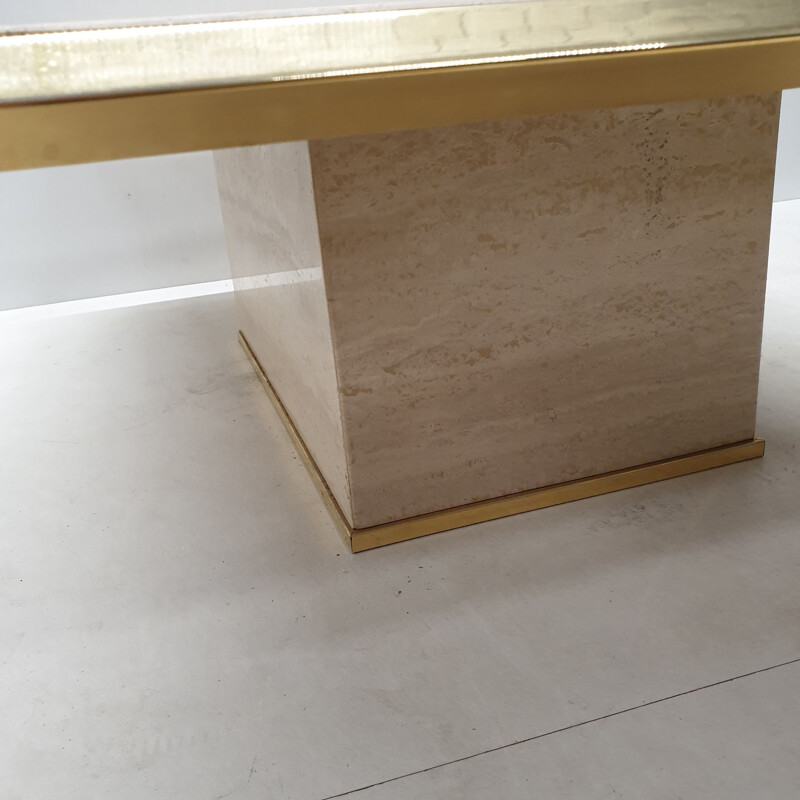 Vintage french coffee table in travertine and brass 1970s