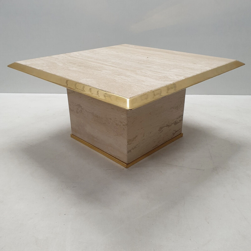 Vintage square travertine and brass side table 1970s