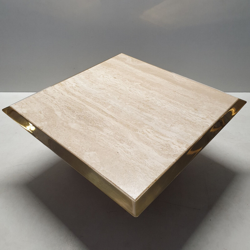 Vintage square travertine and brass side table 1970s