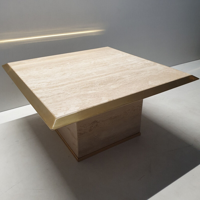 Vintage square travertine and brass side table 1970s