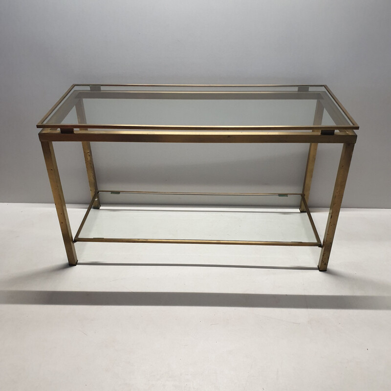 Vintage French 2-tiers brass and glass console table with patina, 1970s