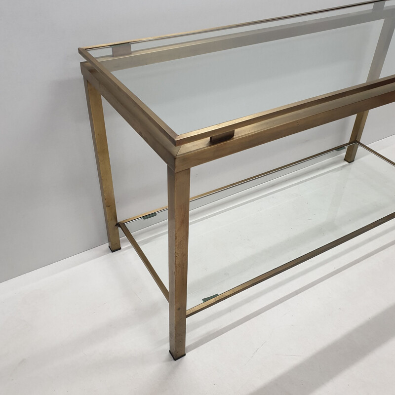 Vintage French 2-tiers brass and glass console table with patina, 1970s