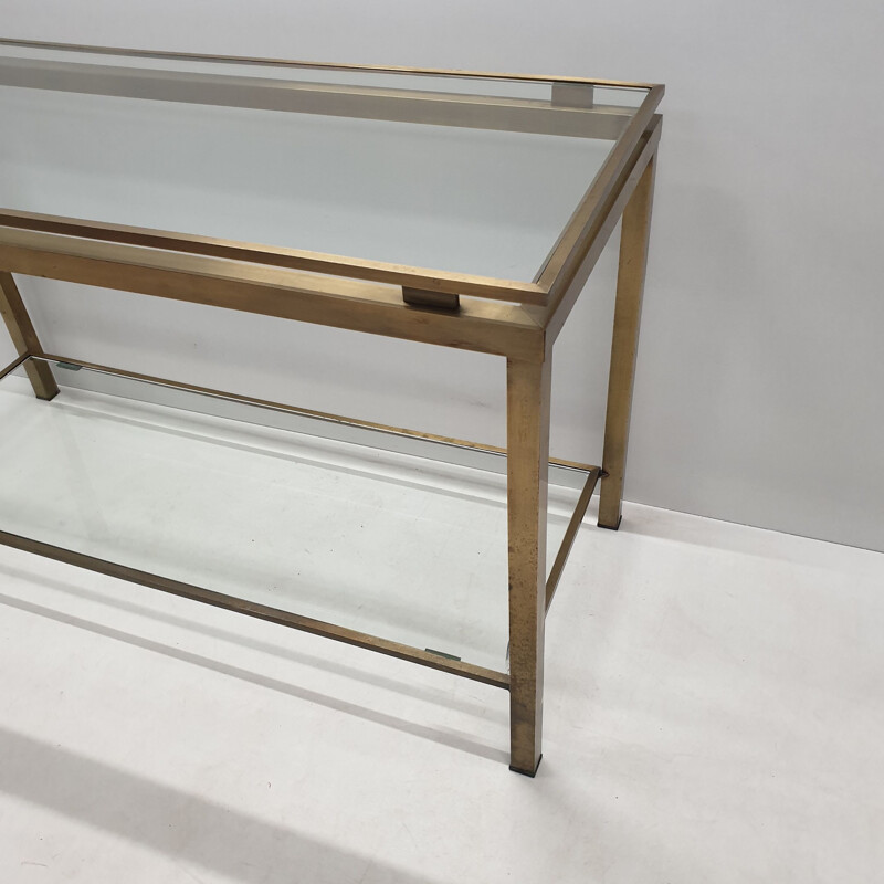 Vintage French 2-tiers brass and glass console table with patina, 1970s