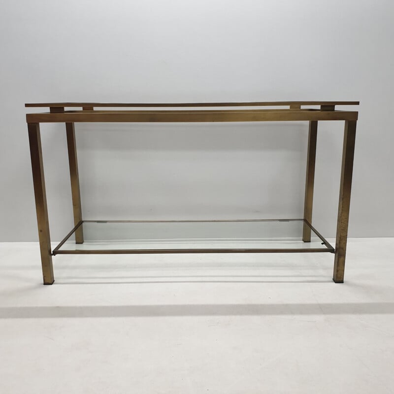 Vintage French 2-tiers brass and glass console table with patina, 1970s
