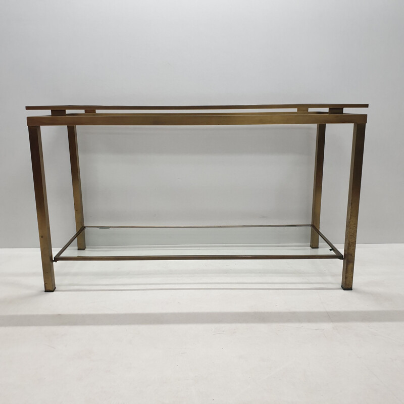 Vintage French 2-tiers brass and glass console table with patina, 1970s